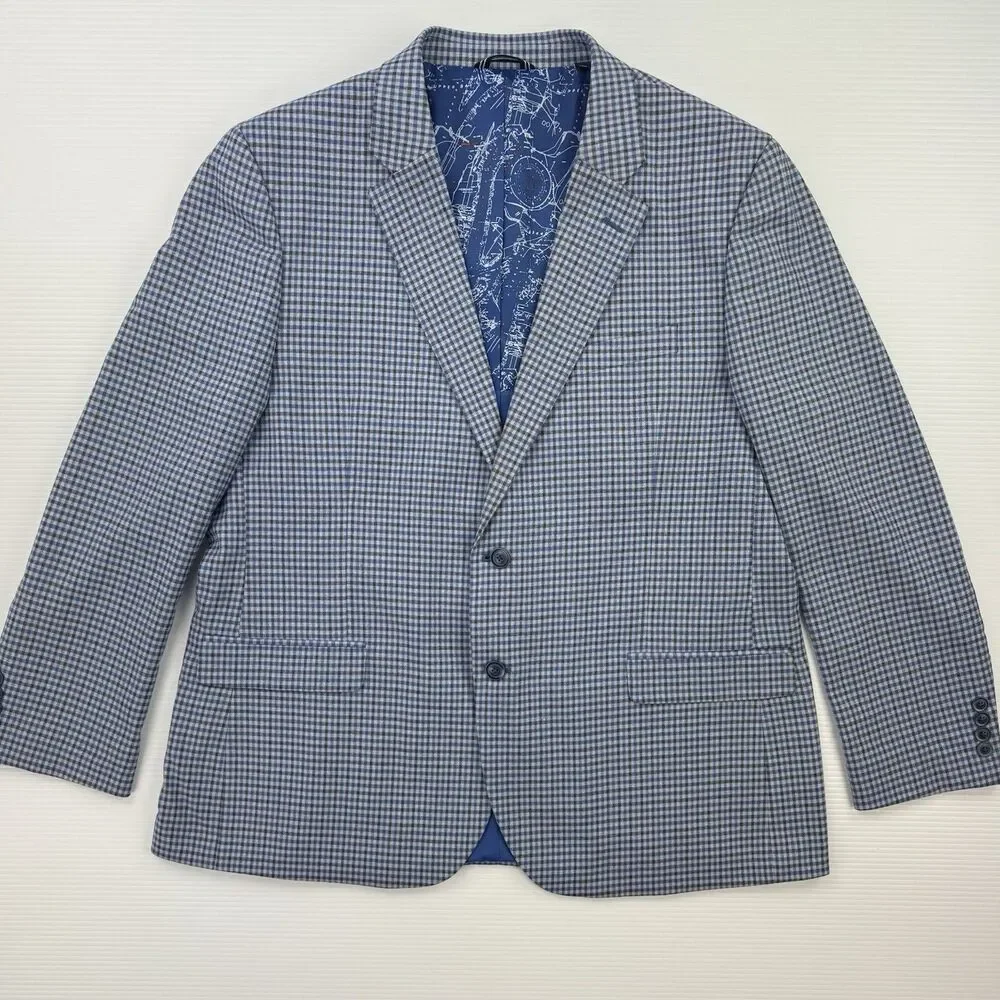 Nautica Mens Blue Plaid Blazer Sport Coat Stretch Map Lining 48R